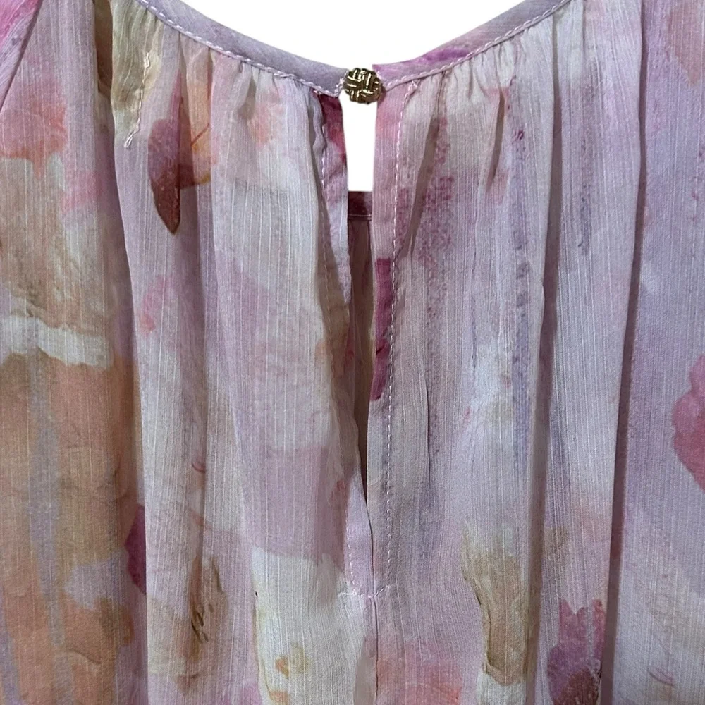 MELLODAY pink floral short sleeved sheer tiered dress shell size Medium